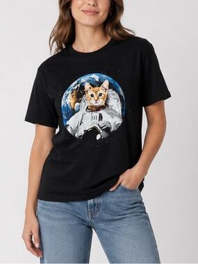 Astronaut Cat Graphic Tee Black Space Kitten T-Shirt M